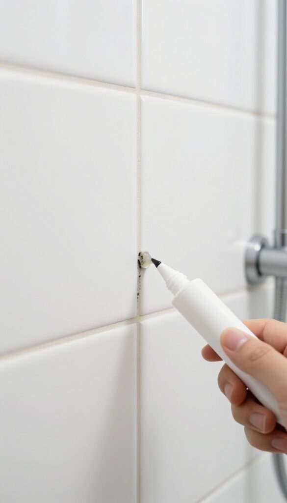 Applying a bleach pen to moldy grout in a white tiled shower