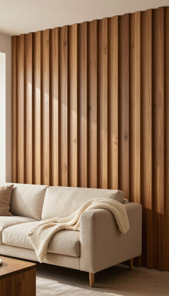 Warm wood slat accent wall in a modern living room with low-profile sofa and chunky knit throw