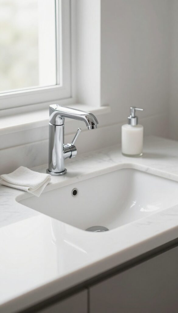 Clean bathroom countertop and sink with microfiber cloth and soap dispenser