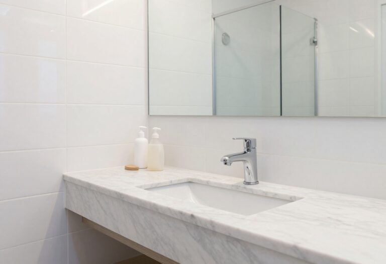 A clean modern bathroom with white tiles and a glass shower door