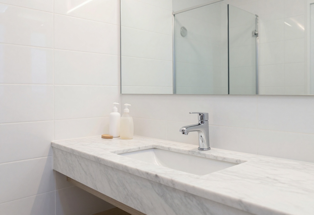 A clean modern bathroom with white tiles and a glass shower door