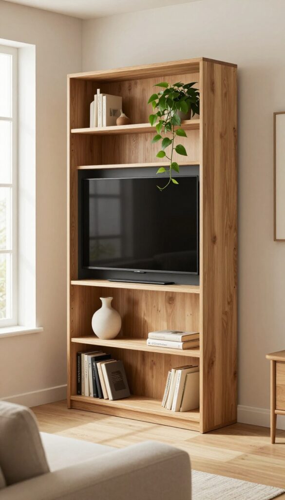 Tall bookcase with built-in TV niche in a small living room, dark niche, light oak shelves with books and plants, cozy sofa, natural light.