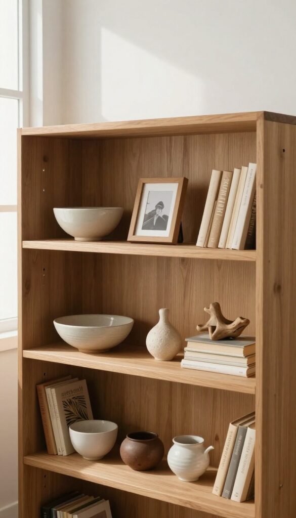 Bookcase shelf with personal mementos, books, and decor in natural light