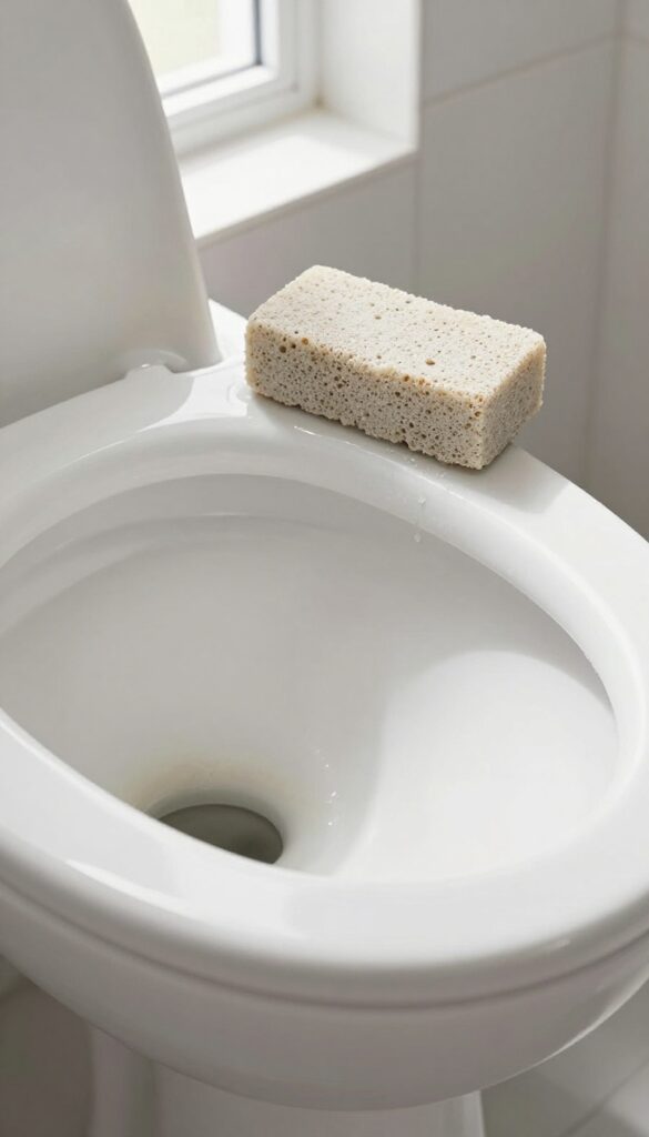 Close-up of a white toilet bowl with hard water ring and a wet pumice stone on the rim