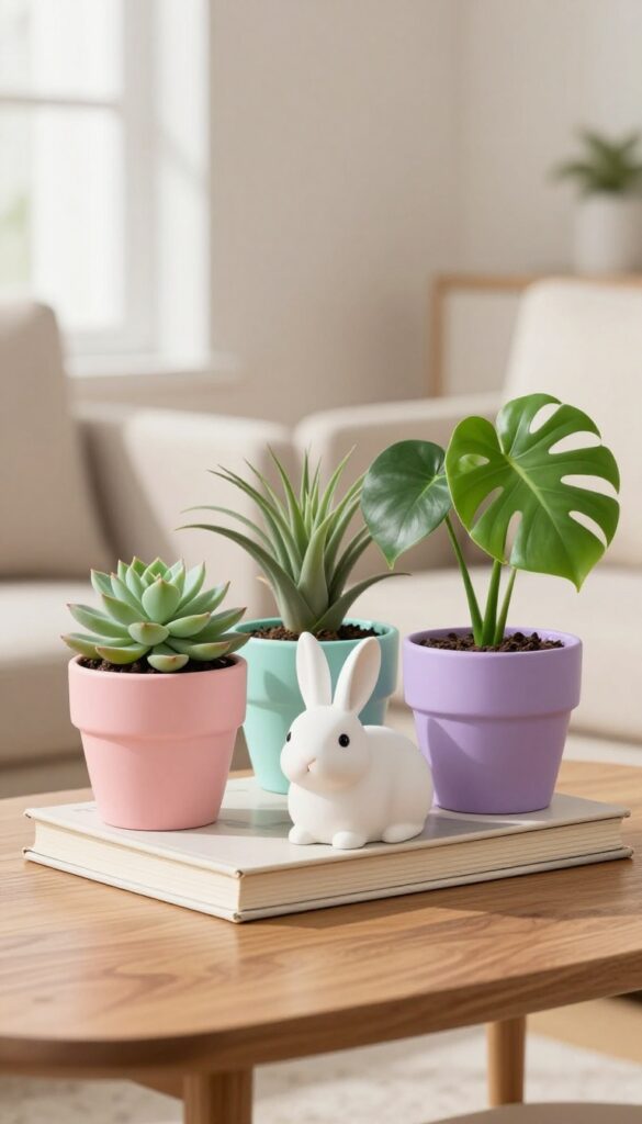 Three small potted plants in pastel and animal-shaped pots on a coffee table with books, bright natural light, neutral background.