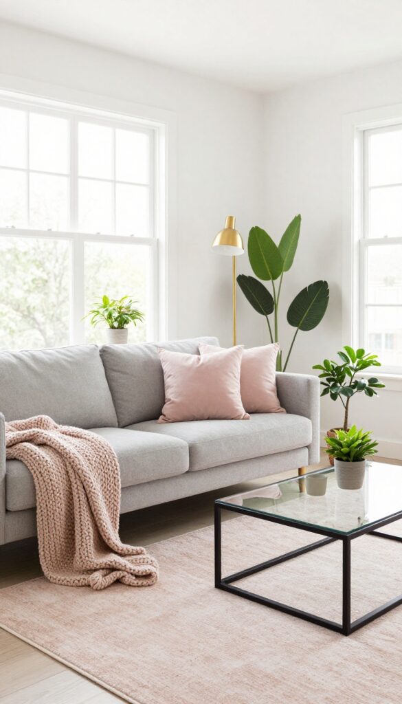 Modern gray living room with blush pink accents, gold lamp, and green plants