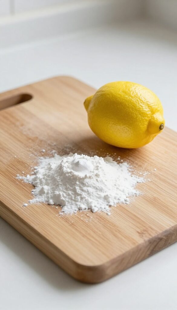 Cutting board with baking soda and lemon for cleaning