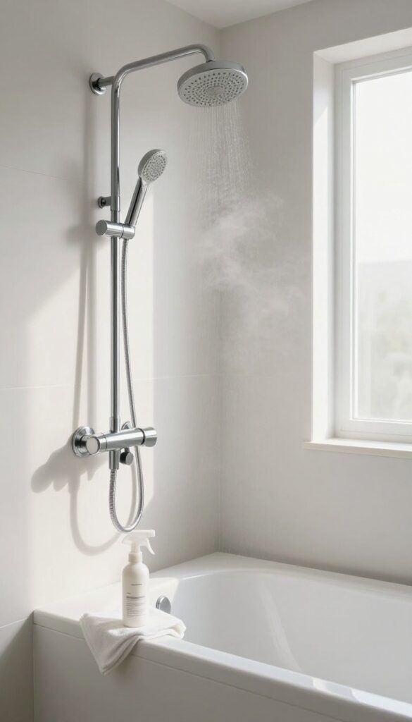 Clean shower head in a bright bathroom with vinegar spray bottle and cloth nearby