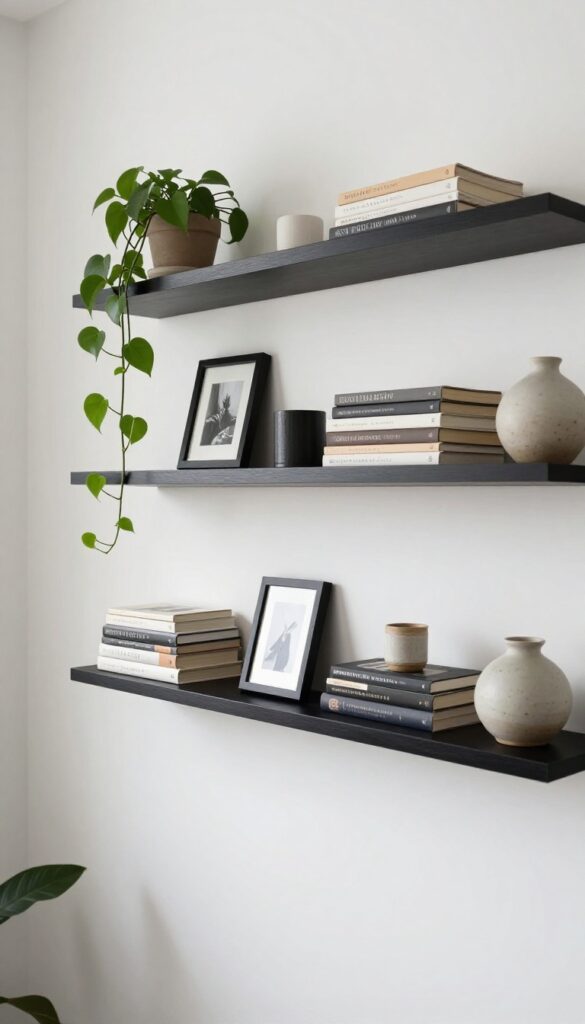 Floating shelves styled with books, plant, and ceramic vase on a living room wall