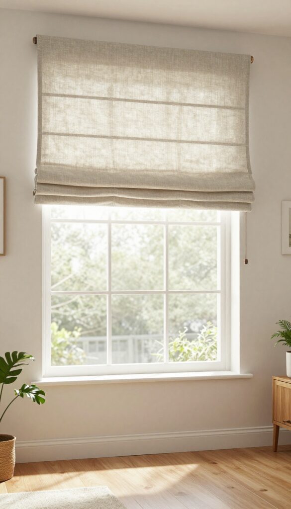 DIY roman shade made from a flat bed sheet in a cozy living room
