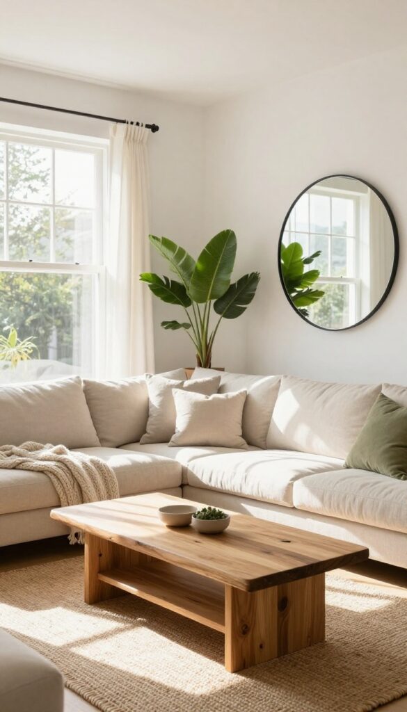 Bright living room with cloud white walls, natural wood tones, and a mirror reflecting sunlight