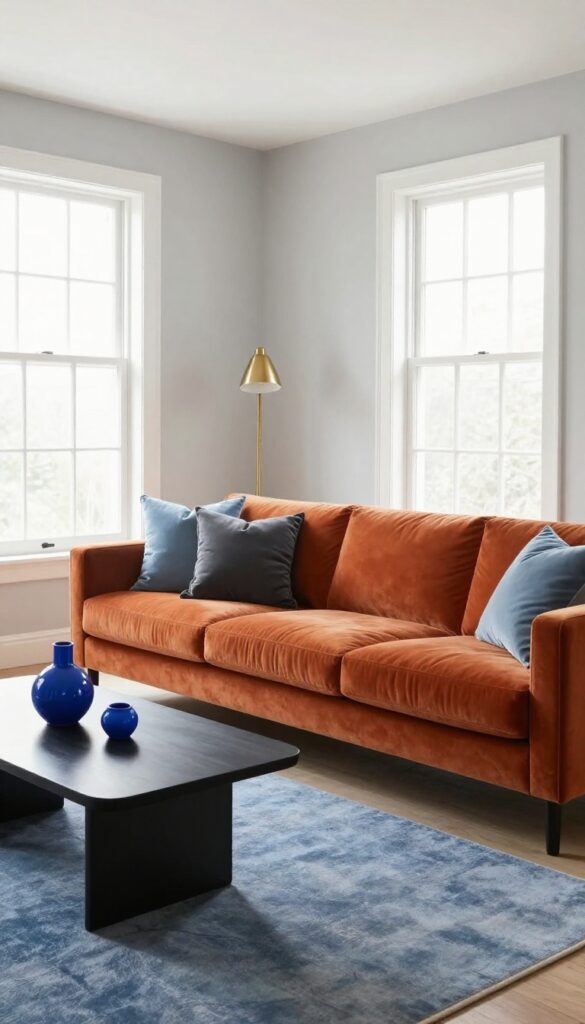 Living room with burnt orange sofa, gray walls, blue rug and pillows, bright natural light
