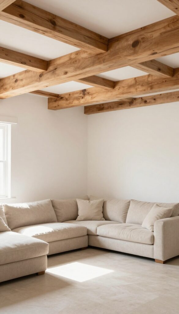 Living room with faux wood beams on a vaulted ceiling, warm and rustic decor