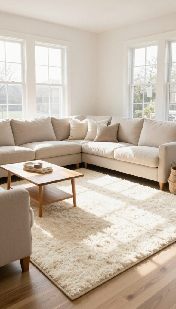 Step-down living room with large area rug bridging two levels, cozy seating, natural light