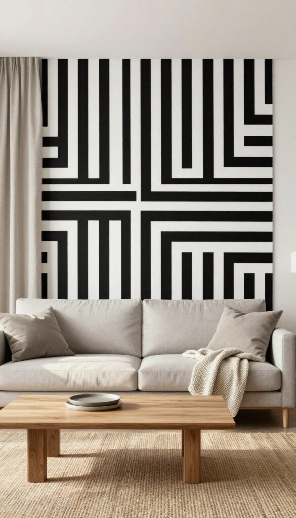 Modern living room with monochrome geometric wallpaper accent wall behind sofa, natural light, and warm textures