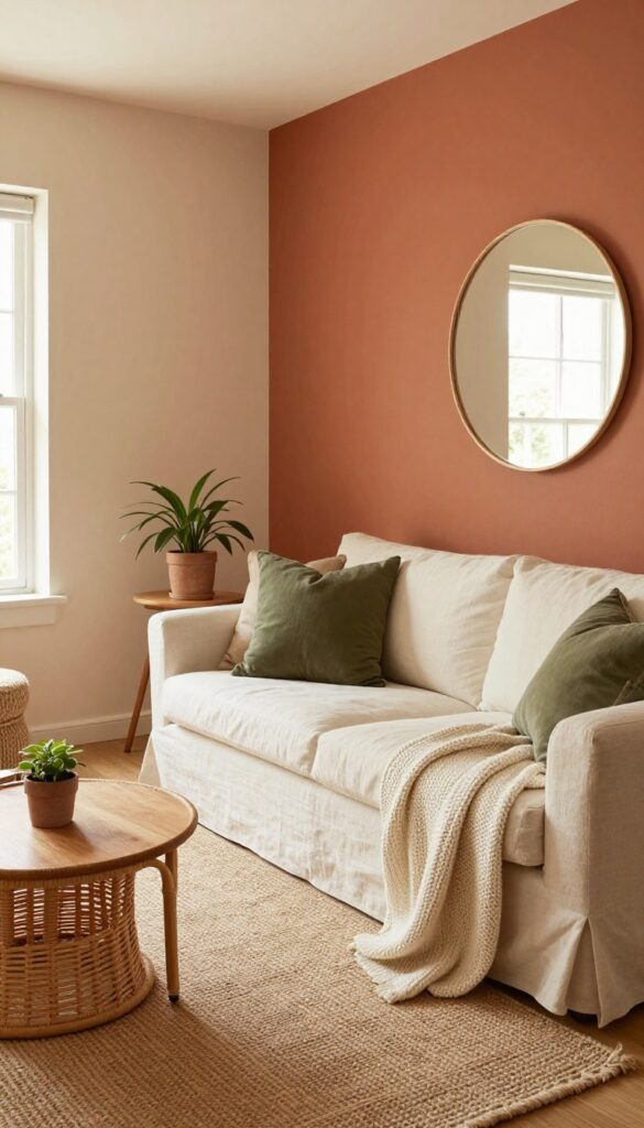 Earthy boho living room with terracotta accent wall, cream linen sofa, jute rug, rattan side table, and round mirror