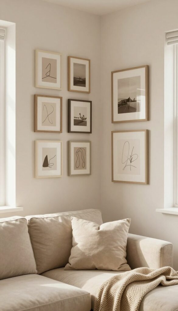 Monochrome picture wall in warm neutrals with cream and beige frames, sepia art, and a cozy sofa below.