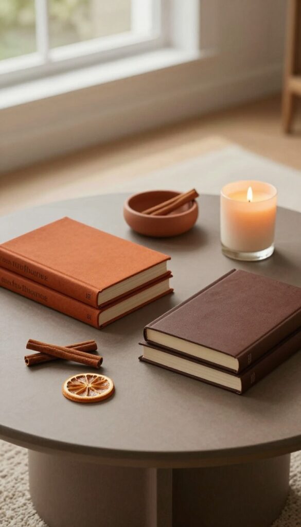 Coffee table styled with stacked orange and brown books, terracotta dish, and candle in natural light