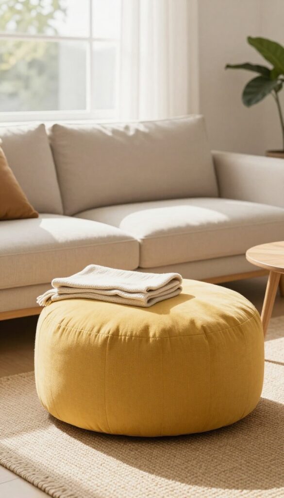 Cozy living room with a storage pouf in mustard yellow beside a sofa, open to show a blanket inside, natural light, uncluttered decor.
