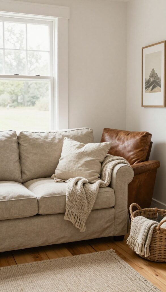 Cozy rustic living room with slipcovered sofa and leather armchair