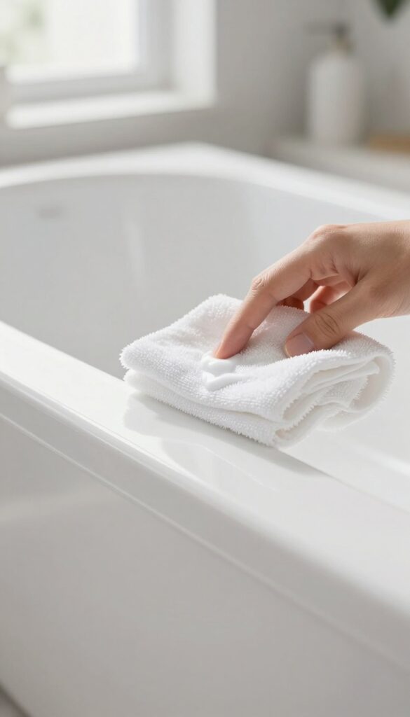 Hand buffing toothpaste onto a bathtub scratch with a microfiber cloth