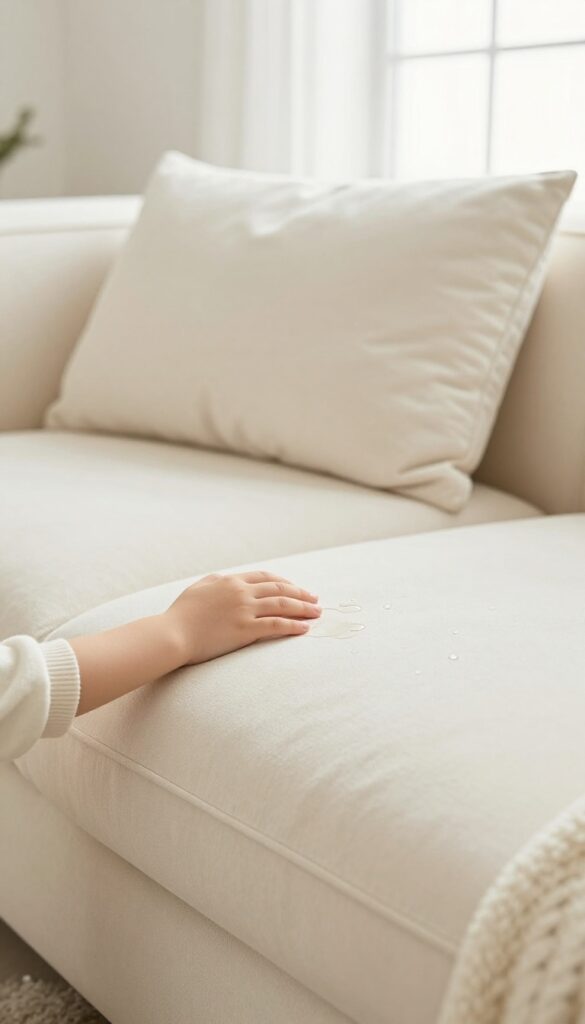Close-up of a white performance fabric sofa in a bright living room, with a child's hand and a beaded water spill, showing stain resistance.