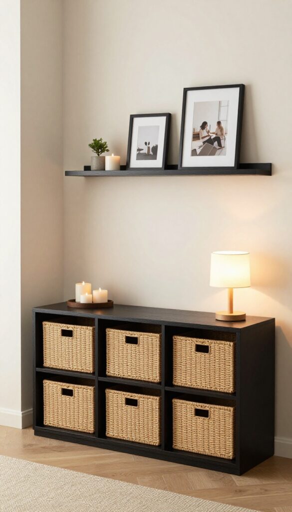 Cozy small living room with HEMNES TV unit, floating shelves, woven baskets, and warm decor.