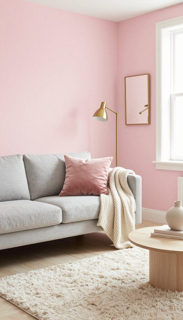 Bright living room with blush pink walls, gray sofa, brass accents, and soft natural light.