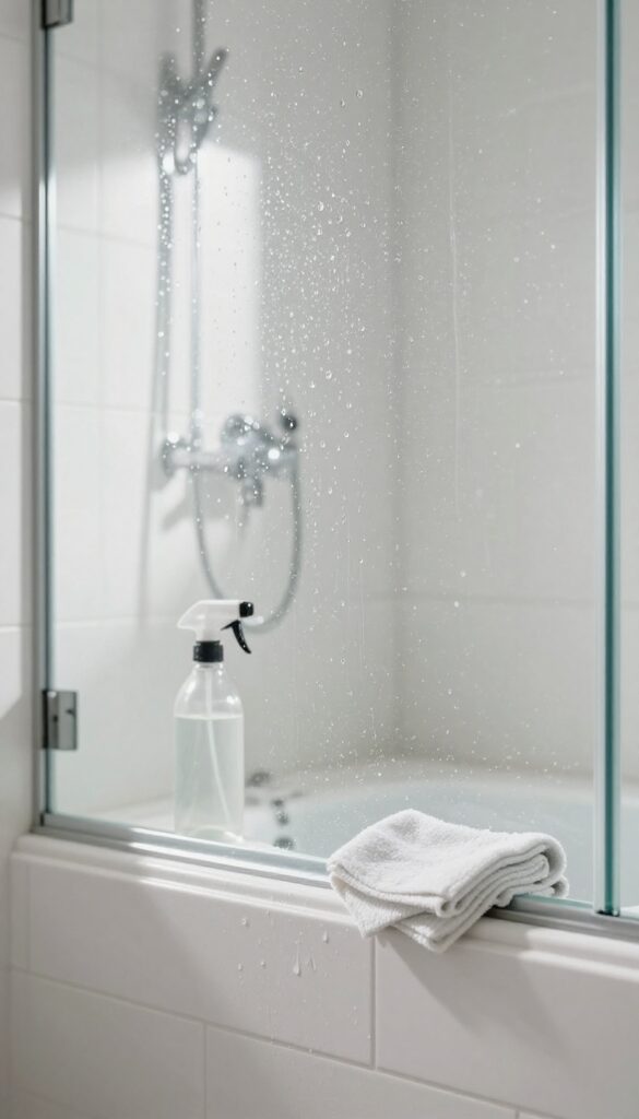 Sparkling clean glass shower door with cleaning supplies nearby