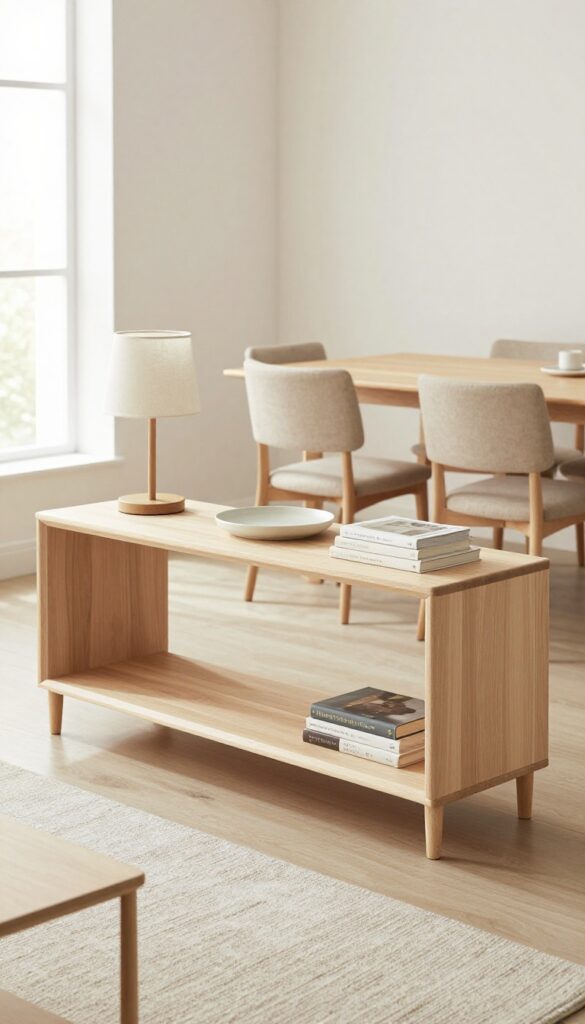 Slim console table behind sofa dividing living and dining area in small open-plan room