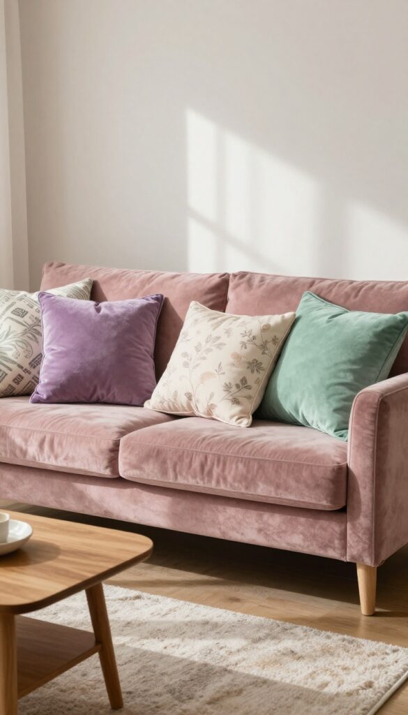 Cozy living room with pastel velvet throw pillows on neutral sofa