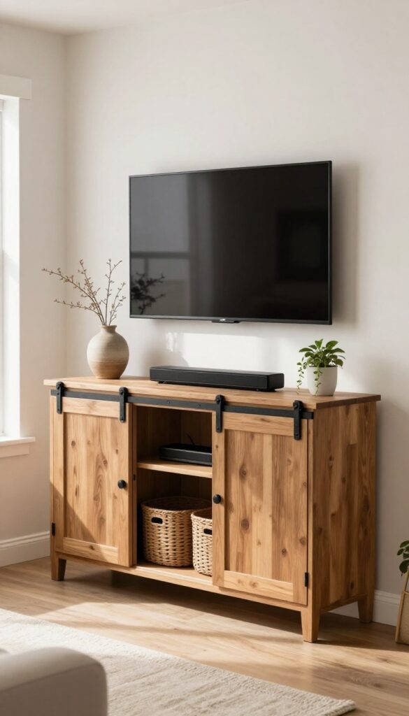 Low credenza with sliding barn doors under a wall-mounted TV, with soundbar and decor on top, in a bright living room.
