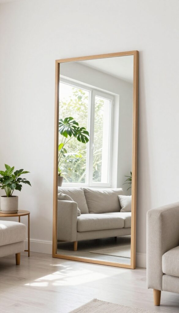Large mirror opposite a window reflecting sunlight and plants in a minimalist living room