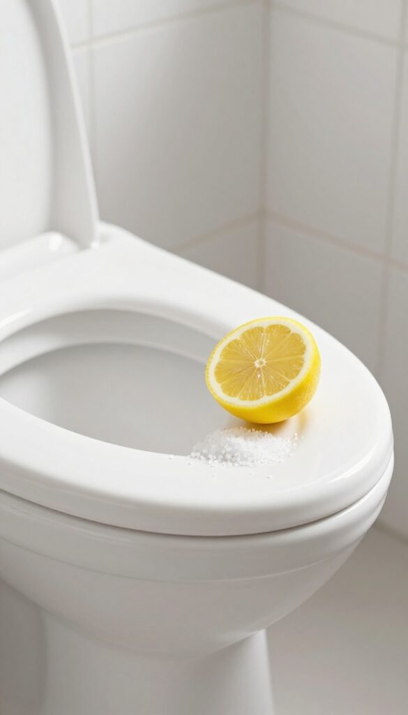 Lemon half and salt scrub on a clean toilet bowl