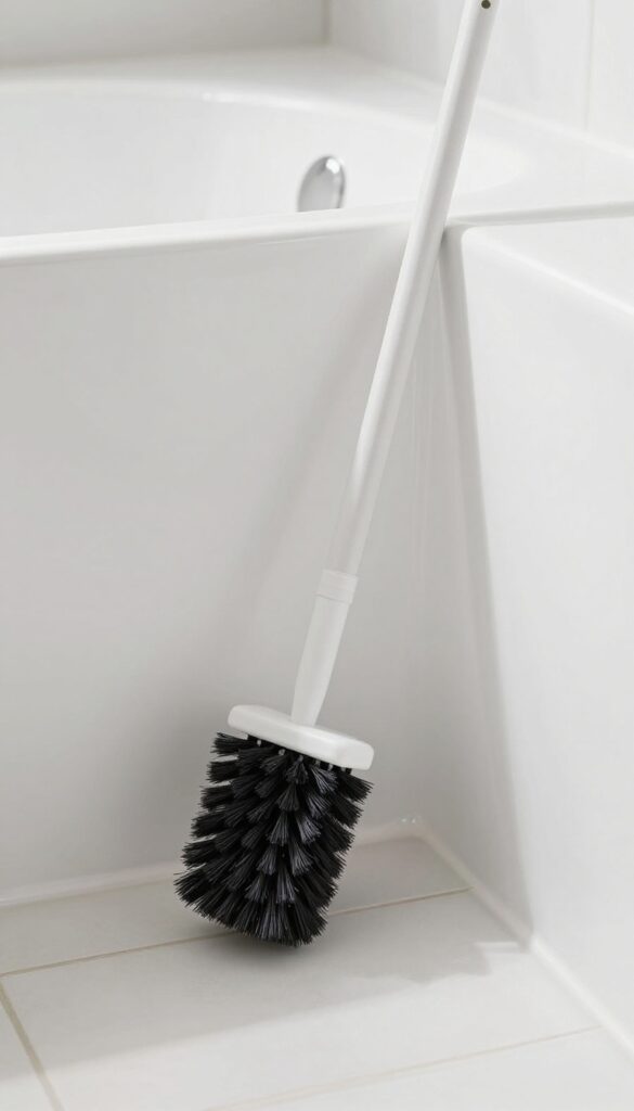 Long-handled scrub brush leaning against a bathtub in a bright, clean bathroom