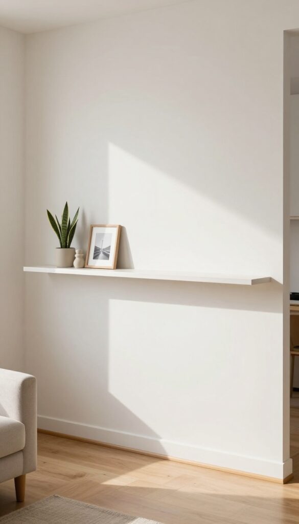 Half-wall panelling with floating shelf in a small living room, displaying a plant, photo frame, and sculpture
