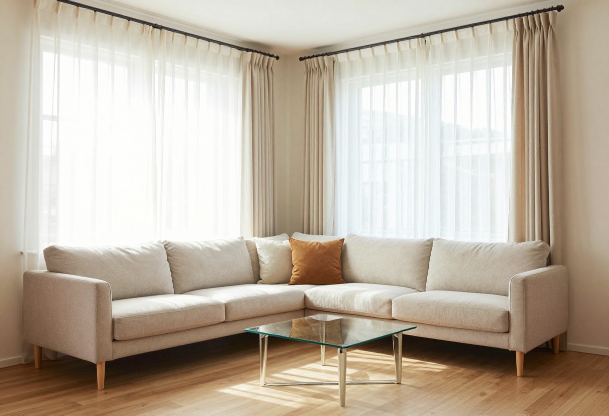 Bright small living room with light furniture, glass coffee table, and large mirror reflecting window