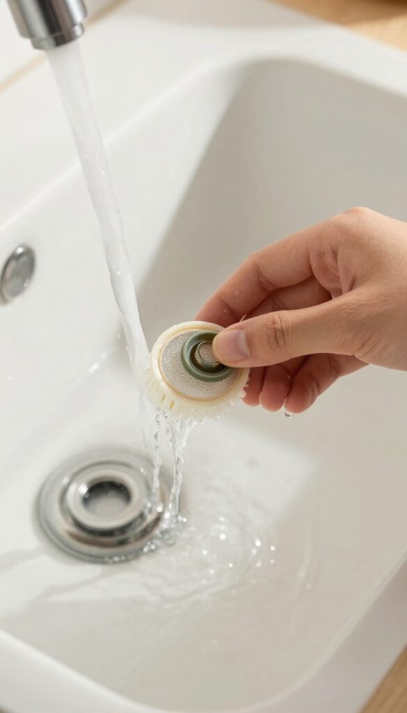 Hand cleaning a shower head screen and rubber washer under running water with a toothbrush