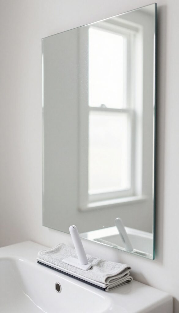 Clean bathroom mirror with a squeegee and microfiber cloth on the sink, reflecting a bright tidy bathroom.