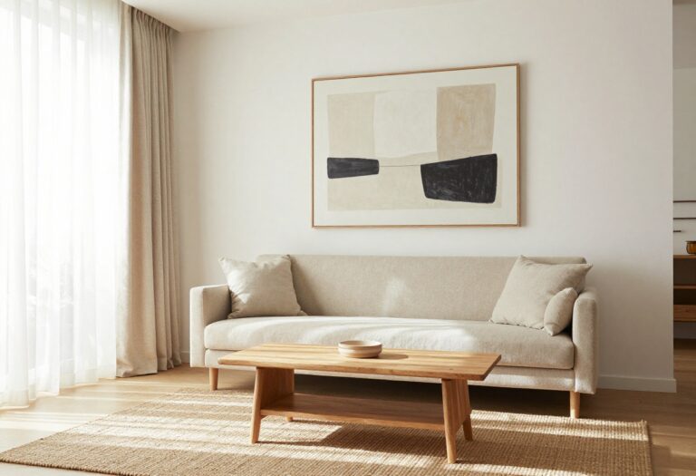 Neutral living room with beige sofa, jute rug, and abstract art in soft natural light