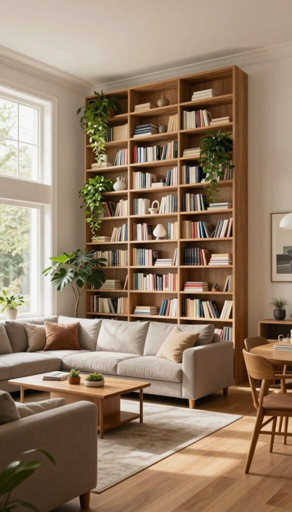 Floor-to-ceiling open-back bookshelf dividing a bright living and dining room, with books and plants, natural light, cozy decor.