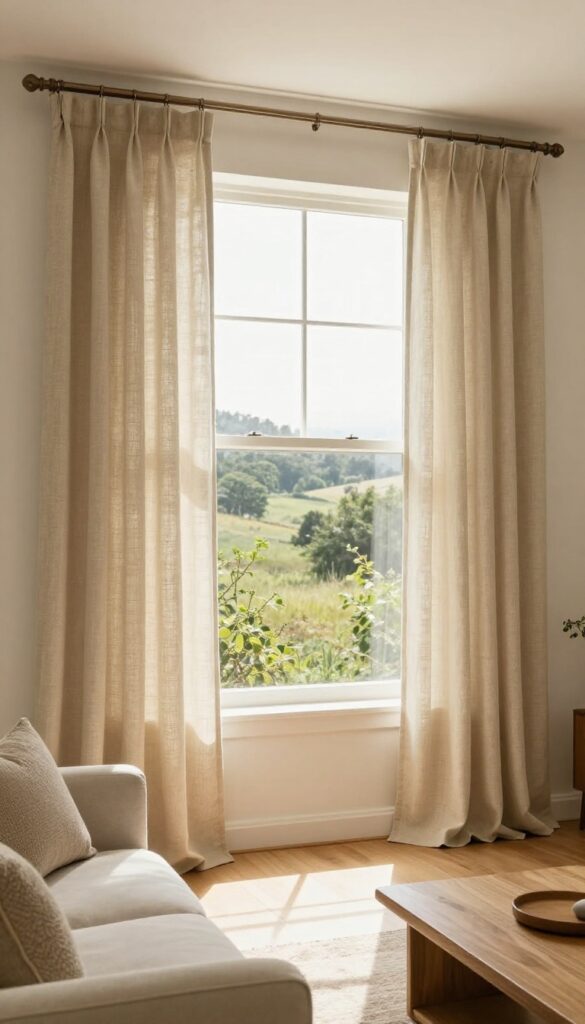 Living room with floor-length oatmeal linen curtains hung high and wide, making the window appear larger and the ceiling higher, with natural light streaming in.