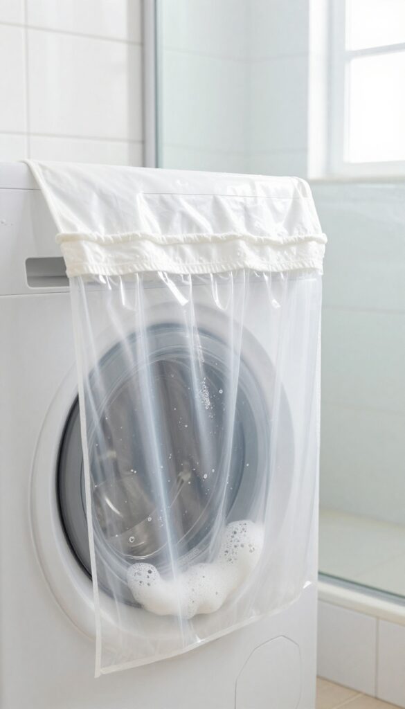 Washing machine with shower curtain and liner partially pulled out, soap suds visible, bright natural light, clean bathroom background.