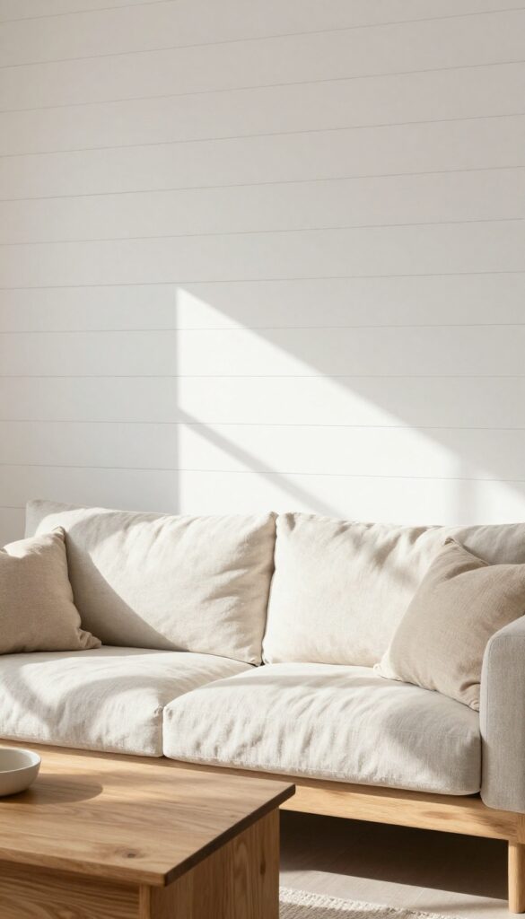 Living room with white horizontal shiplap accent wall, linen sofa, and wooden coffee table, bright natural light.