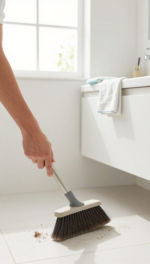 Dry sweeping bathroom floor with broom and dustpan to remove loose debris before wet cleaning