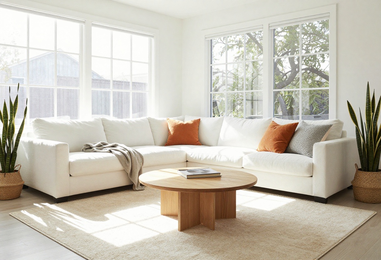 Modern family living room with white modular sofa, round coffee table, and plants