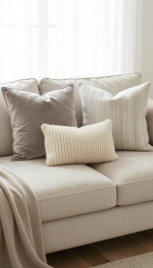 Luxury living room sofa with layered throw pillows in mixed textures of velvet, knit, and linen, neutral colors, bright natural light