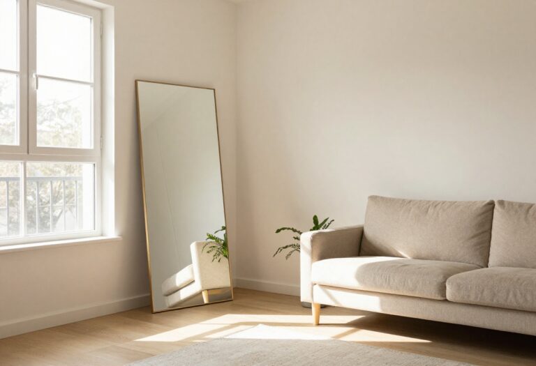 Bright living room with a large floor mirror reflecting light from a window, cozy sofa and plants.