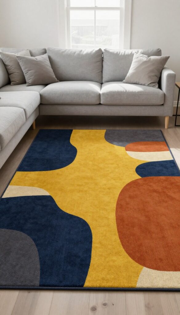 Light grey couch anchored by a bold navy and mustard area rug in a bright living room