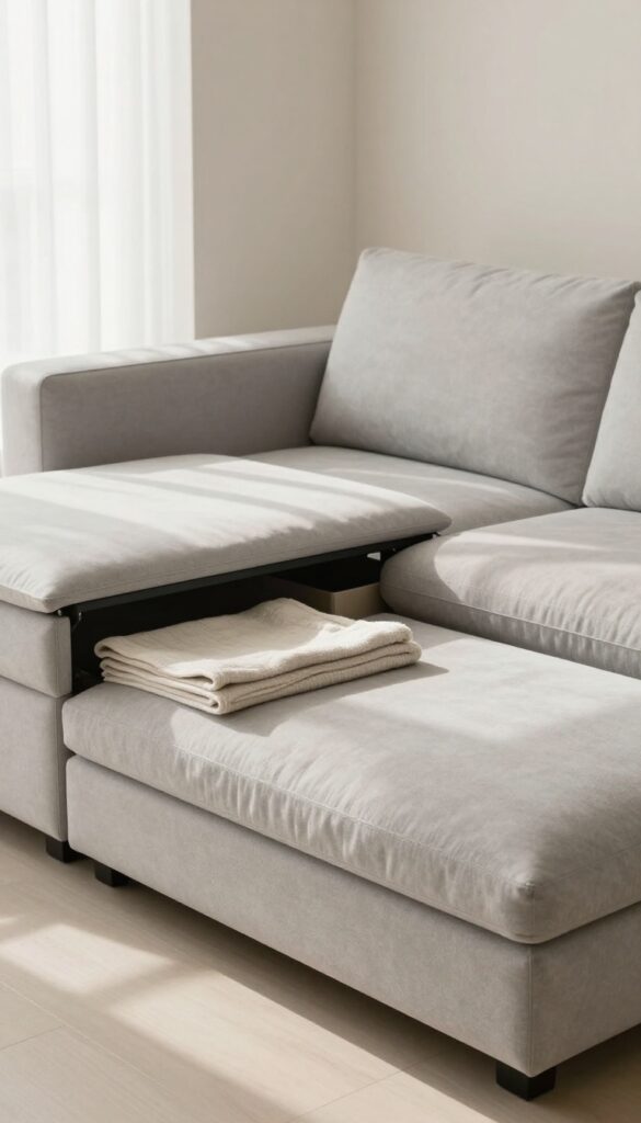 Chaise lounge with storage compartment open, showing organized blankets and bins, in a bright, airy living room.